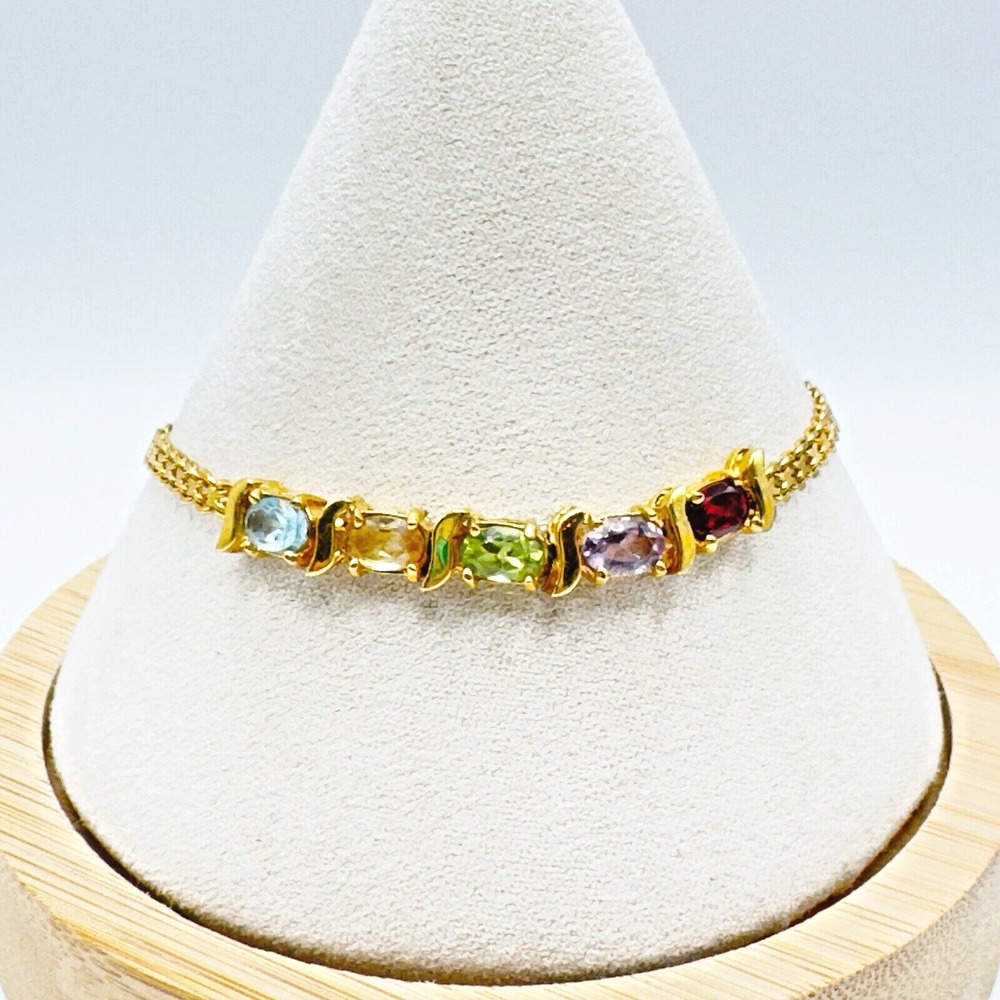 DBJ Gold Over 925 Sterling Silver Bracelet Multi Gemstone 7.5" Signed Rainbow